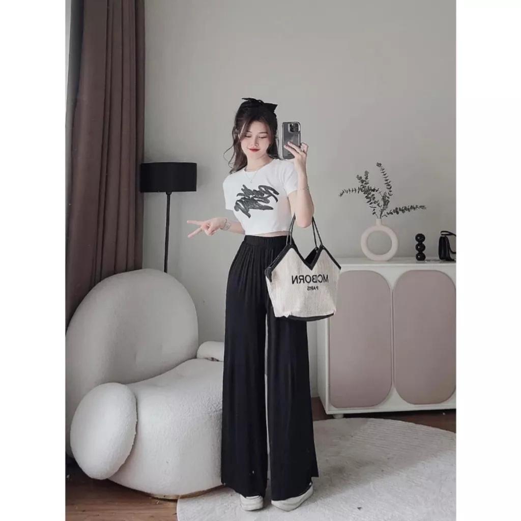 Bộ Áo Croptop READY Kèm Quần Culottes Ống Rộng Cạp Cao