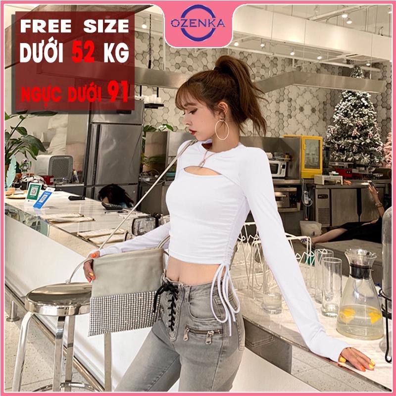 Áo croptop tay dài khoét ngực rút eo , crt ôm body sexy gợi cảm thun gân 100% cotton đen trắng mặc đi chơi