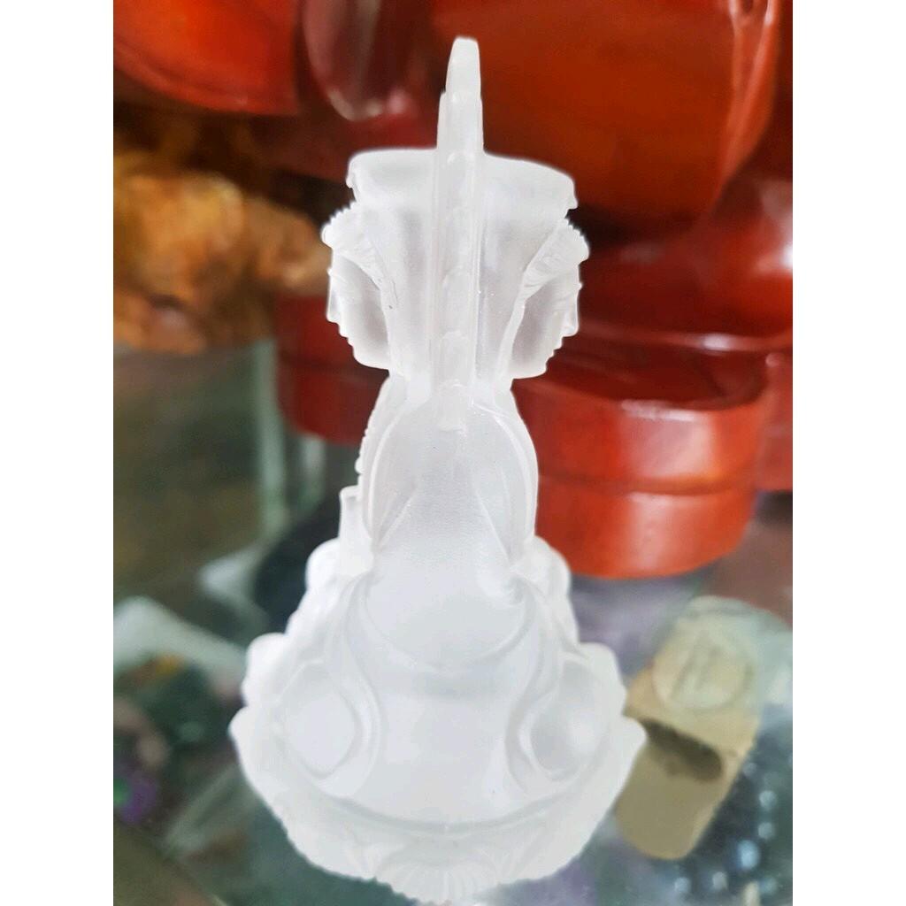 Tượng Phật Bà Quan Âm 2 Mặt ĐÁ LƯU LY TRẮNG TINH ĐẸP ĐỂ TRONG XE HƠI hoặc BÀN cao 10cm đk 6cm mệnh KIM mệnh THỦY ạ