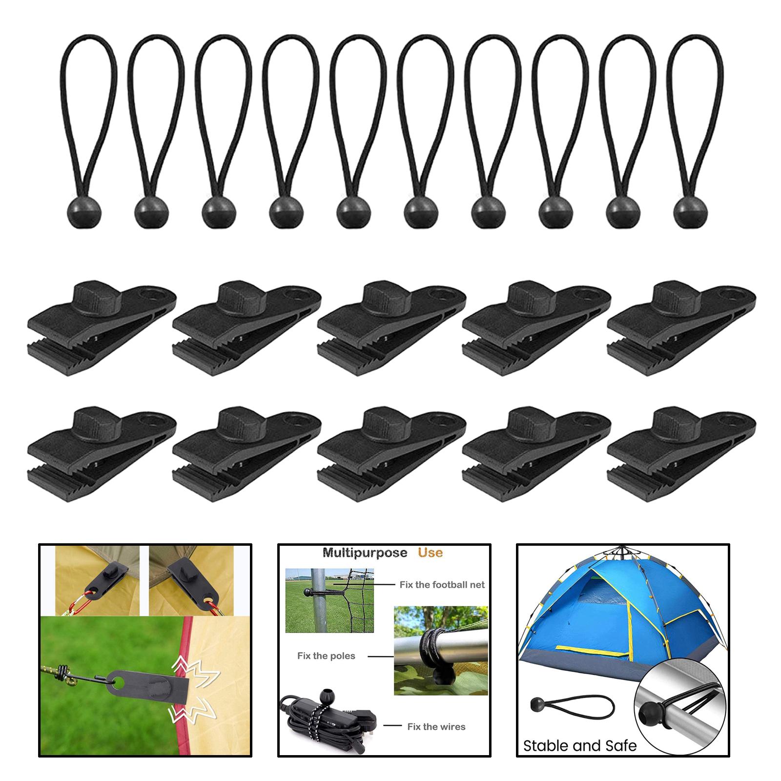 10/12Pcs Awning Tarp Clamp Set Tent Clips 10 Clip+Black Bungee