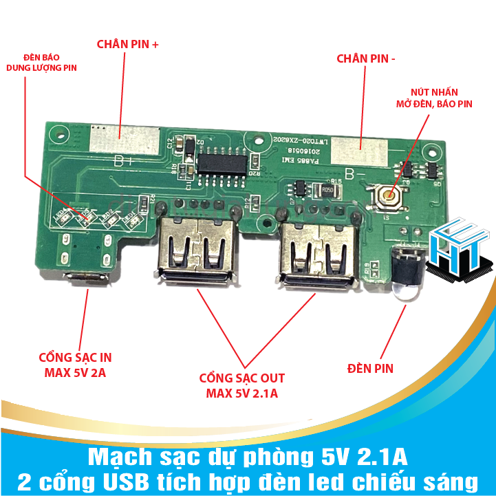 Mạch sạc dự phòng 5V 2.1A 2 cổng USB tích hợp đèn led chiếu sáng