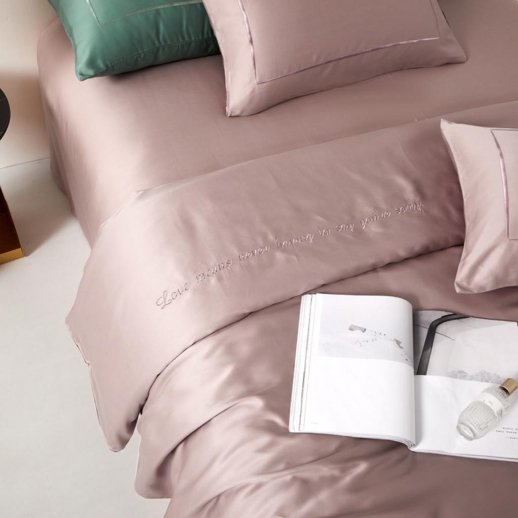Bộ chăn ga gối cao cấp 100%Tencel 100s, Hồng thêu phối đẳng cấp, chất liệu siêu mềm mát mịn