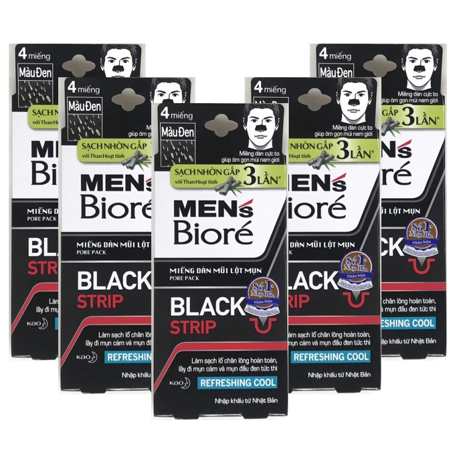 Combo 5 Hộp Miếng Dán Mũi Lột Mụn Than Hoạt Tính Men's Biore Pore Pack Black Strip (1 hộp/4 miếng x 5)