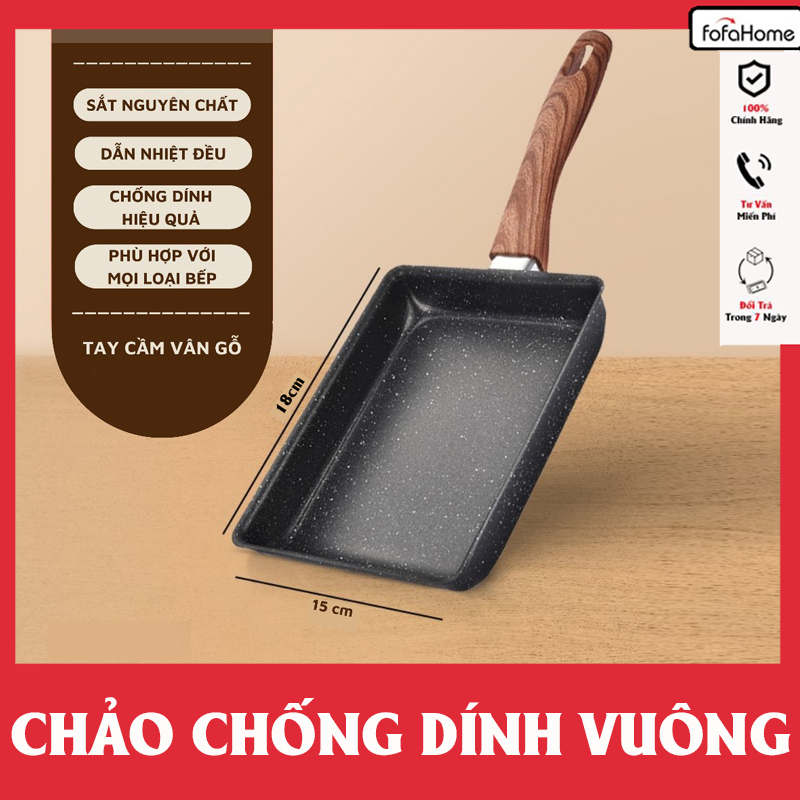 Chảo Chống Dính Chiên Trứng Cuộn Dùng Mọi Loại Bếp Chảo Đáy Từ Mini Rán Trứng Vuông, Chiên Xào, Kích Thước 18cm
