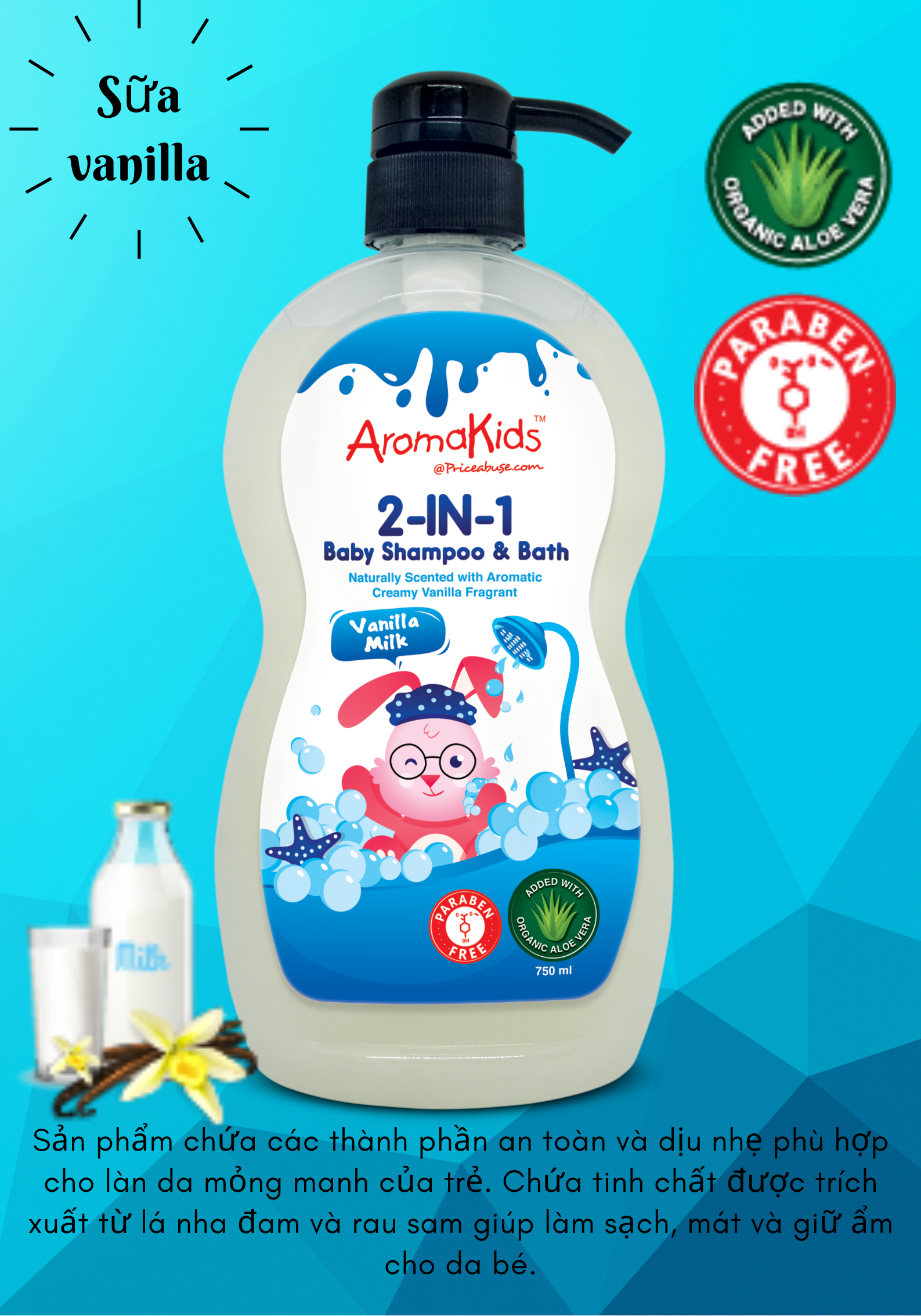 Sữa tắm gội cho bé;Sữa tắm bé; Sữa tắm gội 2in1 AromaKids-Hương sữa vani, 750ml/chai 