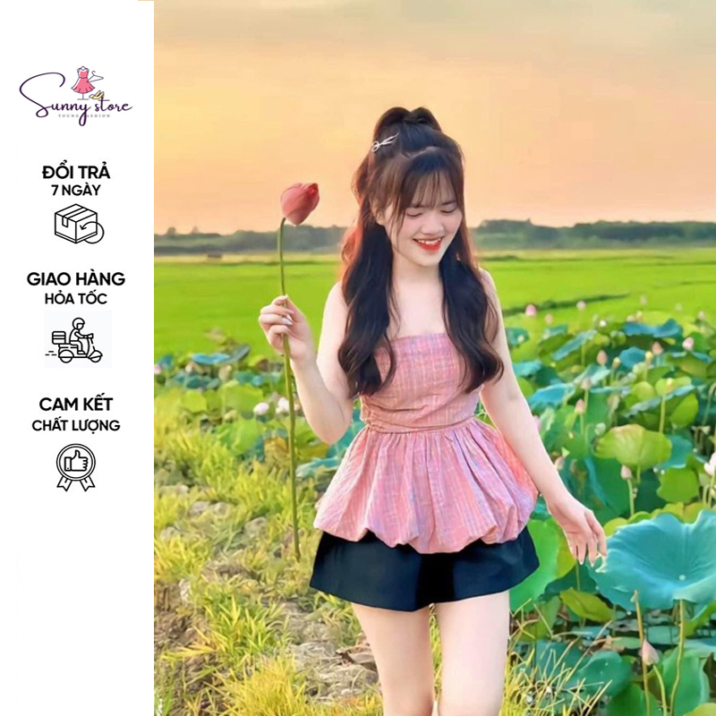 Áo ống cúp ngực bí xoè caro hồng, áo cúp ngực 2 lớp