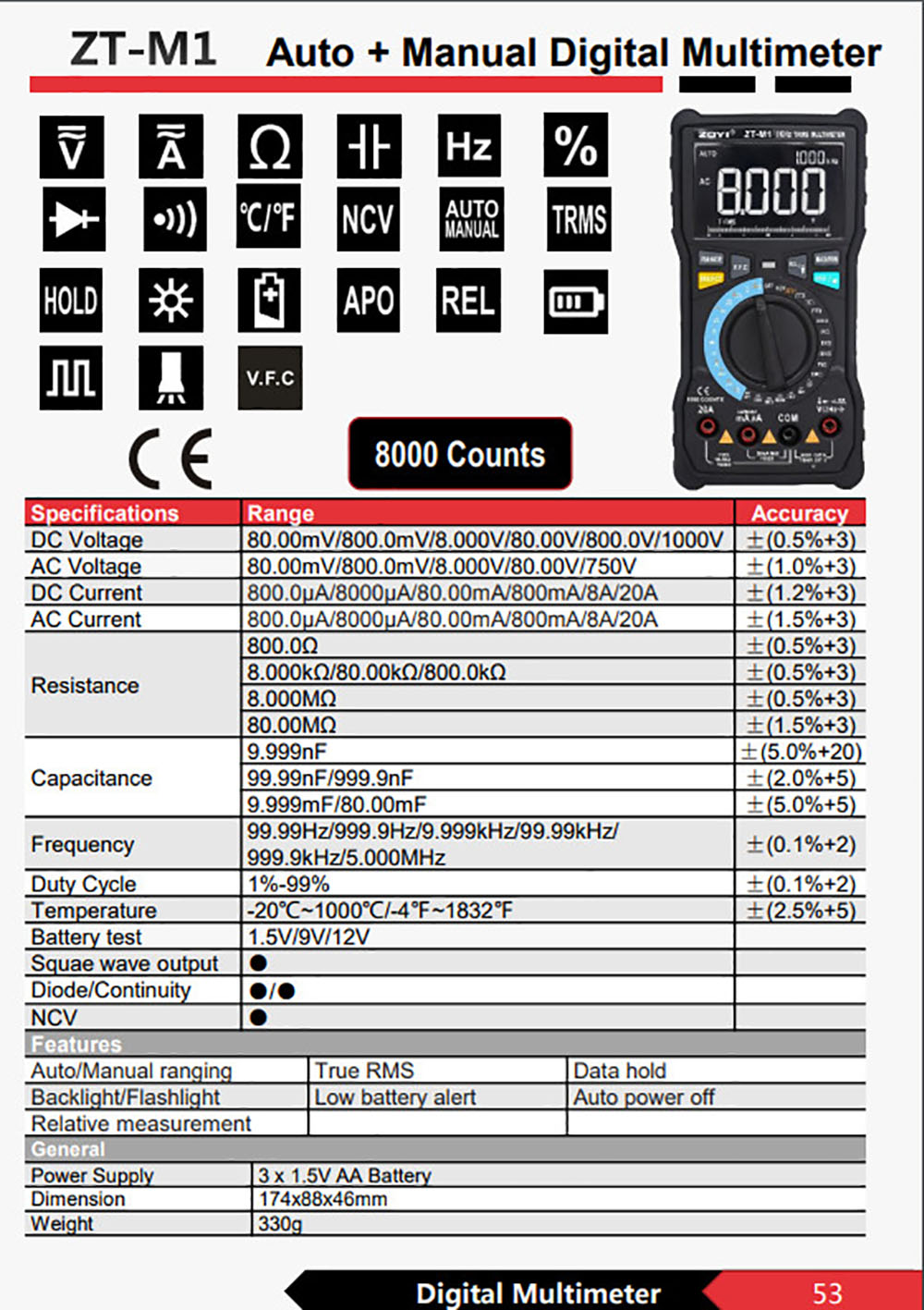 Đồng Hồ Đo Điện Vạn Năng ZOYI ZT-M1 Vạn Năng Kỹ Thuật Số Màn Hình LCD AC/DC Khuếch Tự Động/Bằng Tay Phạm Vi Tần Số Điện Trở Điốt Máy Kiểm Tra Nhiệt Độ ( Không Bao Gồm Pin )