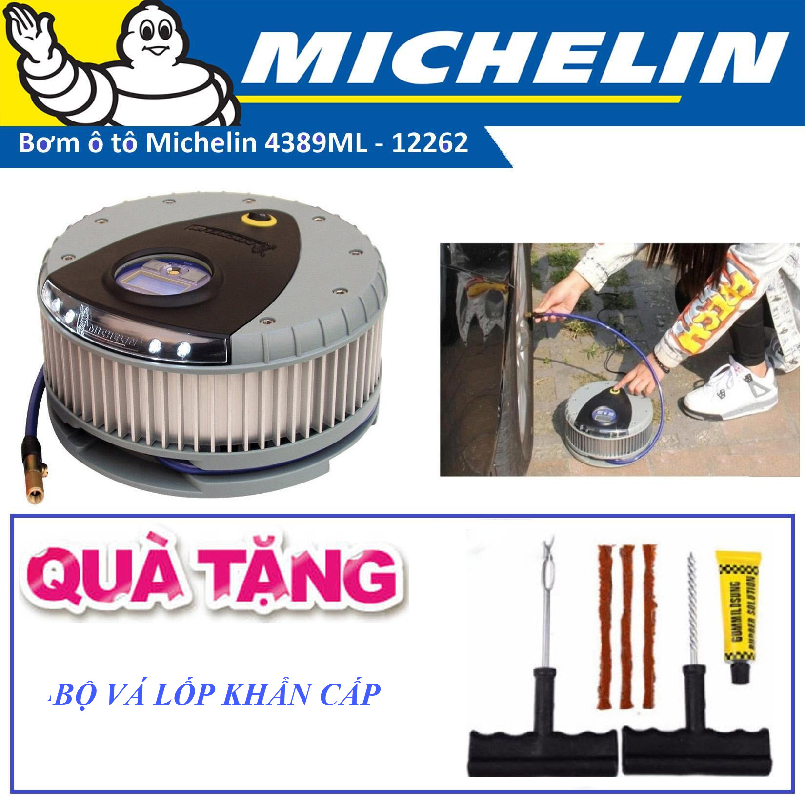 Quà Tặng Kèm - Bơm Lốp Ô Tô Tự Ngắt Michelin 4389ML (12262) Công Suất 160W Bơm Lốp Ô Tô 4-7 Chỗ. Hàng Chính Hãng - Kèm Vá Lốp