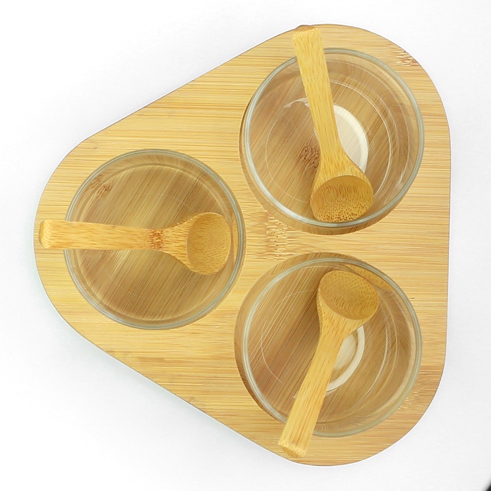Bộ 3 hũ đựng gia vị thuỷ tinh chịu nhiệt khay gỗ tam giác