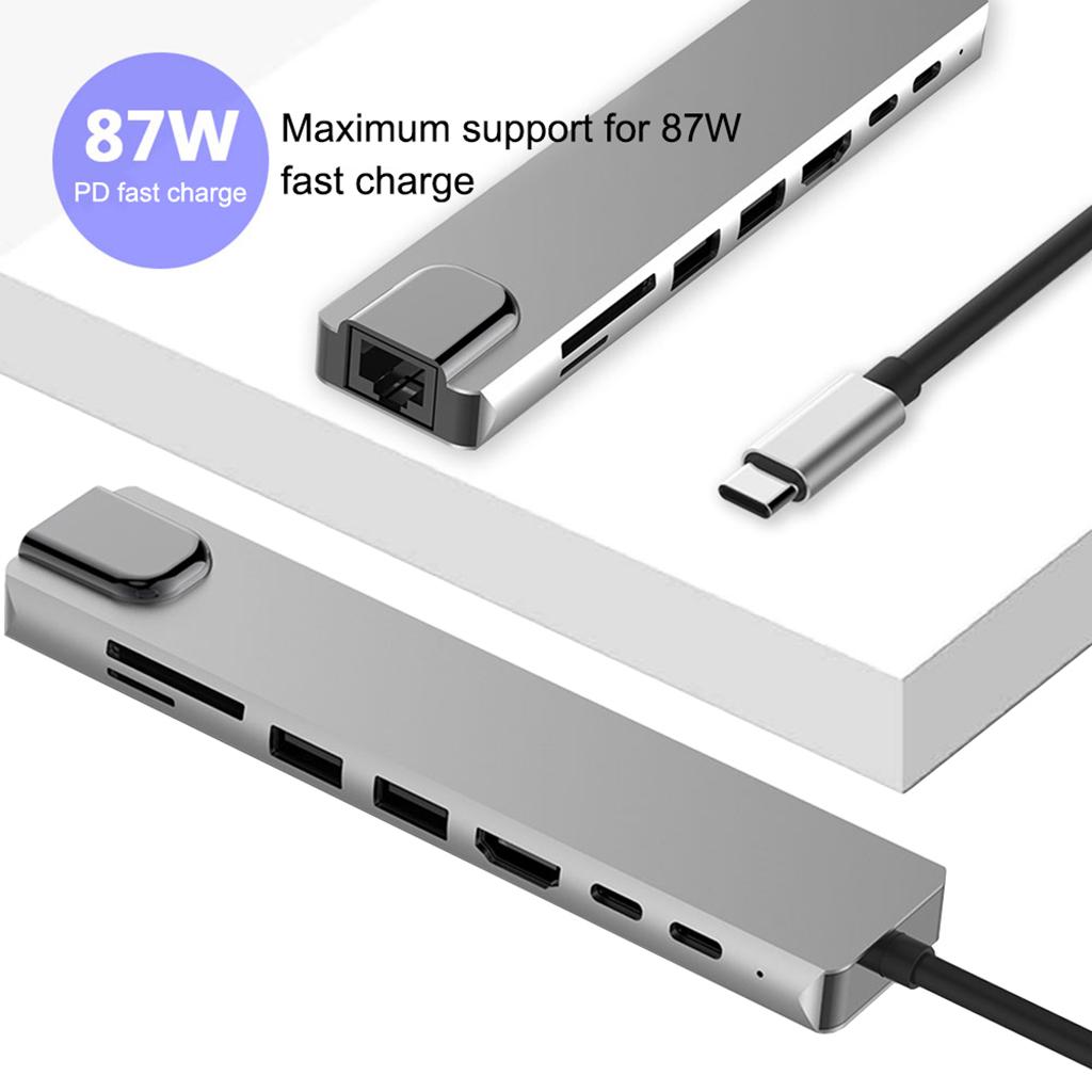 Aluminum Multifunction USB Type-C 8 In 1 HDMI Hub Adapter Card Reader Silver