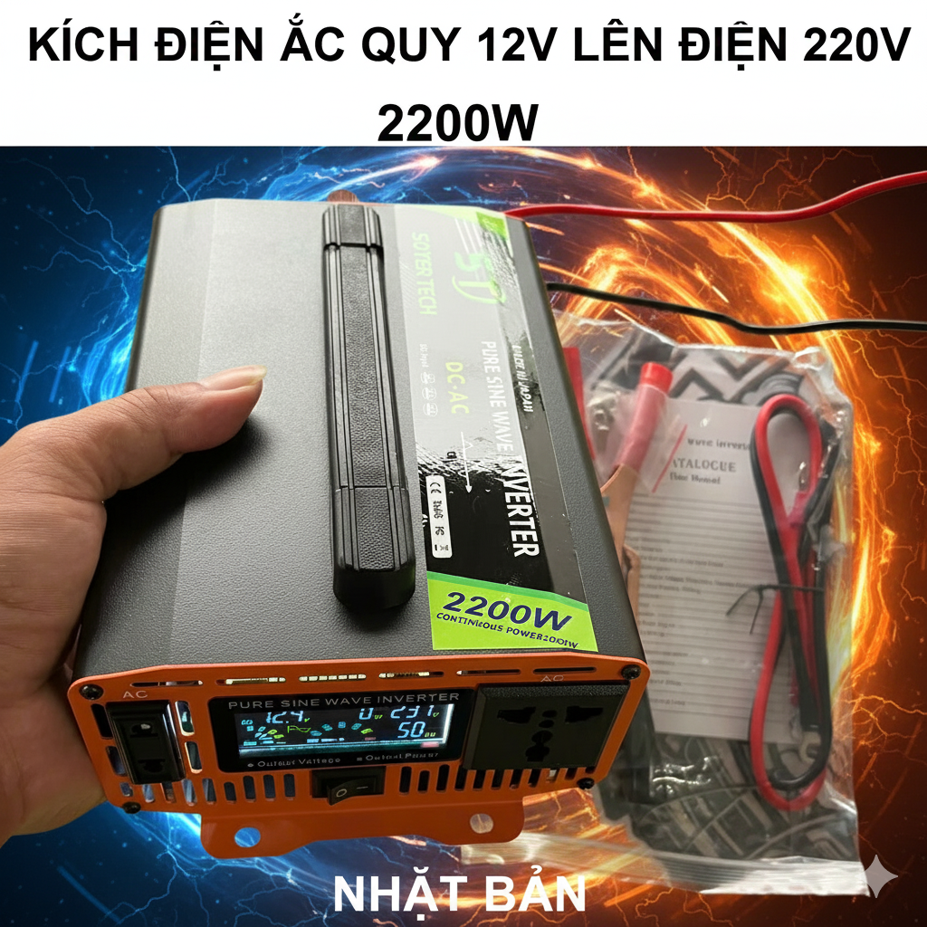 Kích Điện 12V Lên 220V 2200W Hàng Nhật – Sóng Sin Chuẩn, Màn Hình LED Hiển Thị Vôn &amp; Nhiệt Độ