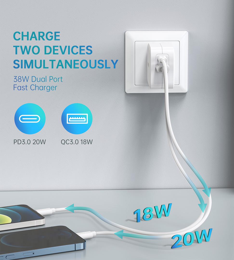 Adapter Củ Sạc 38W CHOETECH PD5002 USB-A Quick Charge 3.0, USB Type C PD 20W - Hàng Chính Hãng