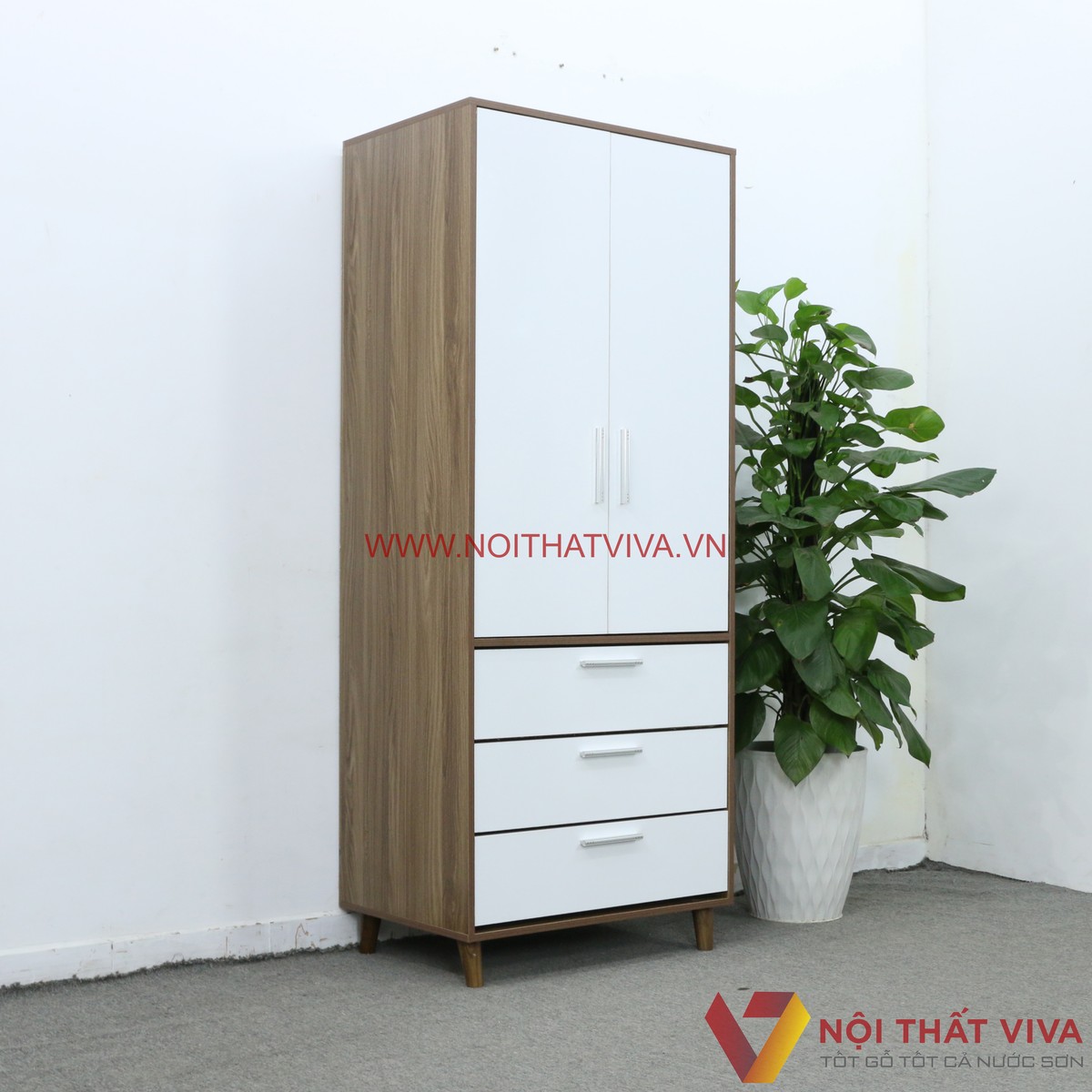 Tủ Mini Đựng Quần Áo Gỗ MDF Có Chân Màu Óc Chó Phối Trắng Đẹp Giá Rẻ