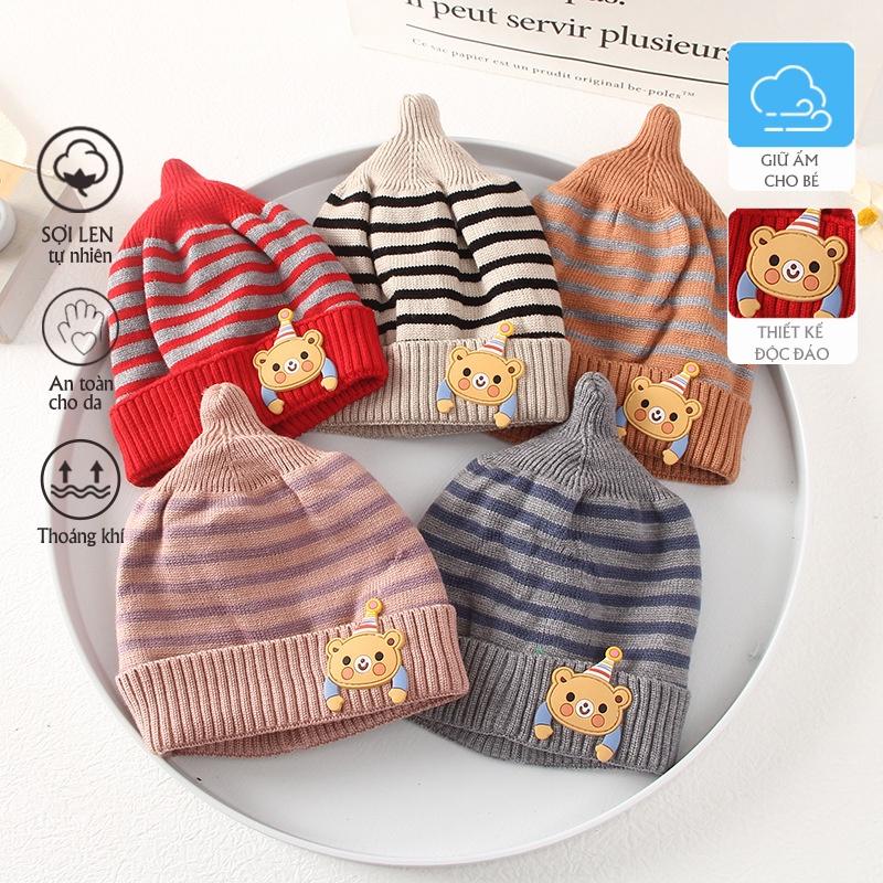Mũ Nón len dệt kim sọc ngang dễ thương, 2 lớp mềm êm, giữ ấm cho bé trai, bé gái từ 0-6 tháng phong cách HOT