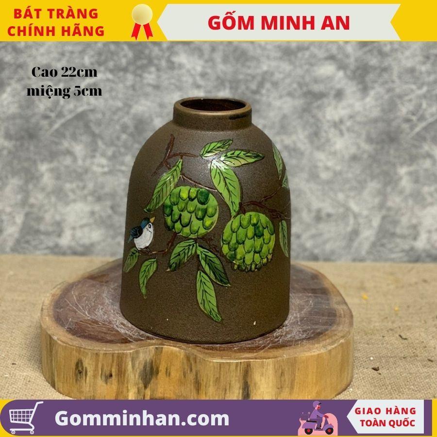 Bình Hoa Lọ Hoa Men Mộc Dáng Chuông Nhỏ H22 Vẽ Hoa Văn Thủ Công- Gốm Sứ Bát Tràng- Gốm Minh An