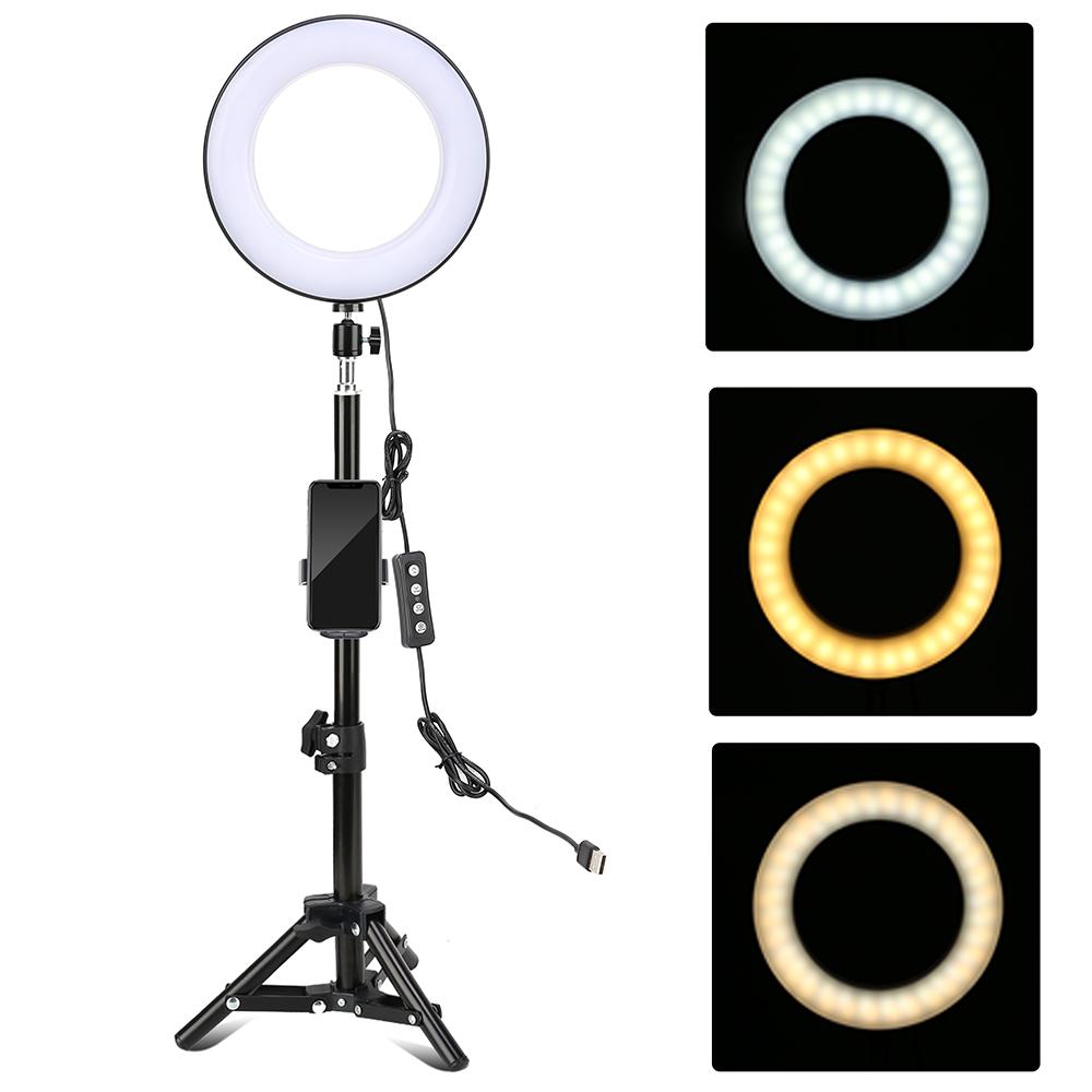 Đèn LED vòng để bàn 8 inch 3 Chế độ chiếu sáng USB có thể điều chỉnh độ sáng Được hỗ trợ bằng giá đỡ điện thoại Mini Ball Head Tripod Stand Điều khiển từ xa