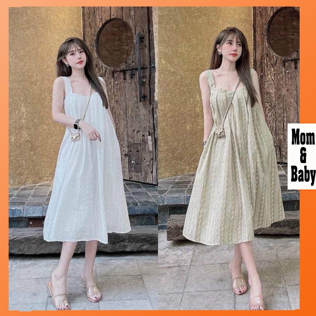 Váy bầu hai dây thời trang M388 chất cotton thô freesize từ 45 đến 70kg