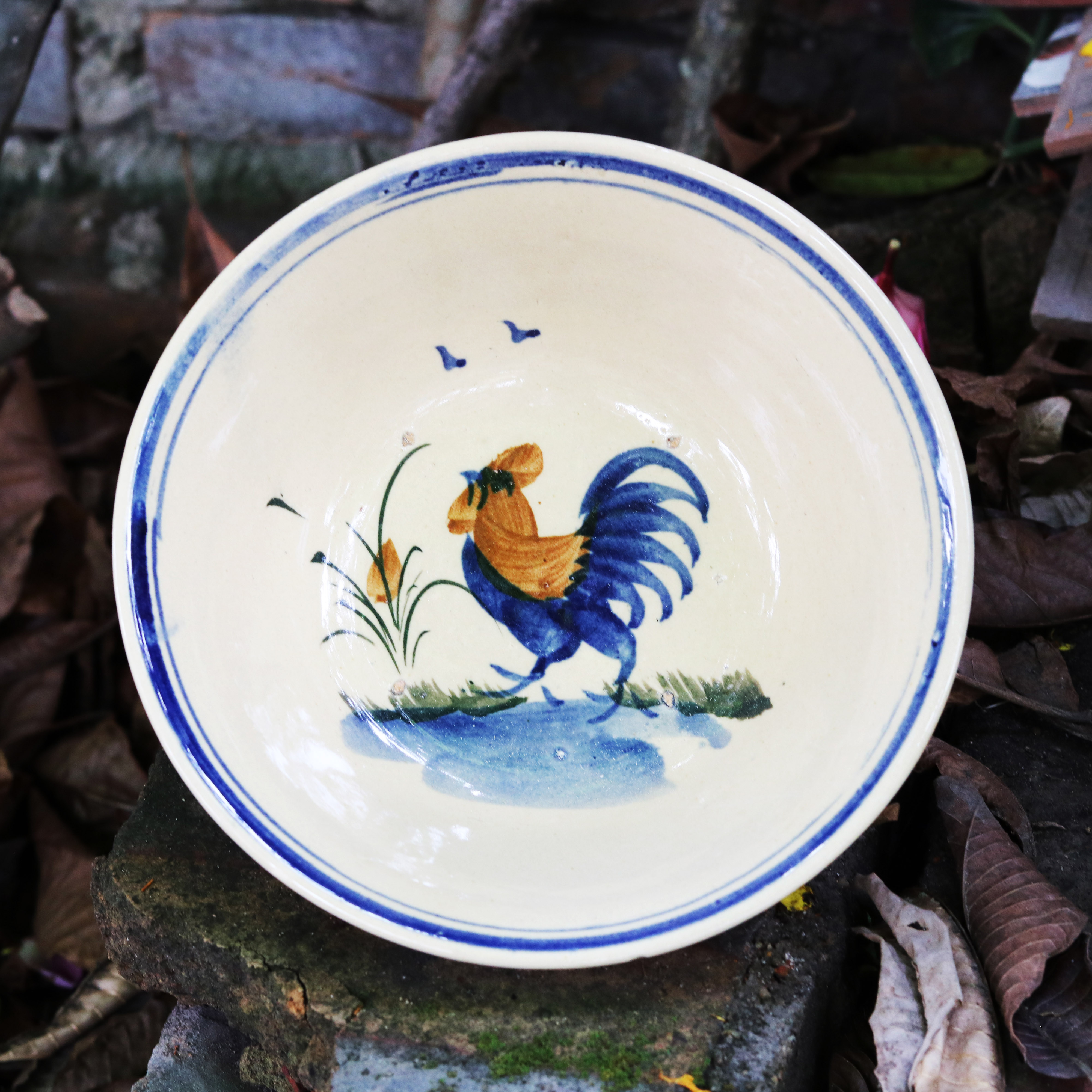Tô To Vẽ Gà Trống/Hoa/Phết Xanh - Tô Tượng Size 21cm - Gốm Xưa Cho Người Hoài Niệm