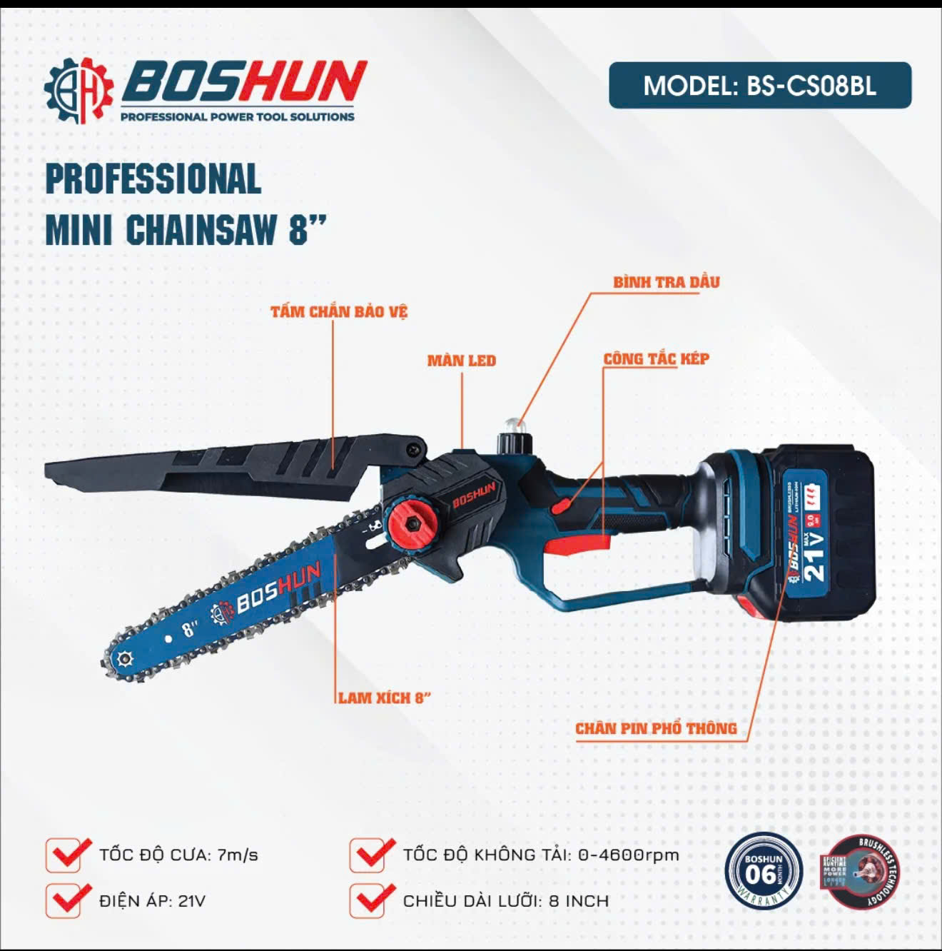 Máy cưa xích pin BOSHUN CS08, Lam xích 8 inch, Pin khủng 15cell, Động cơ Không Chổi Than - Motor ruột đồng  - Hàng Chính Hãg