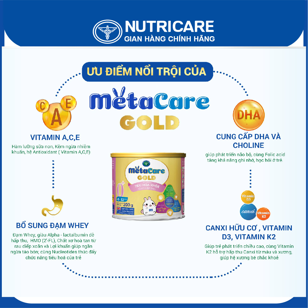 [Tặng 2 lọ yến] Sữa bột Nutricare MetaCare Gold 0+ tiêu hóa khỏe tăng hấp thu 800g