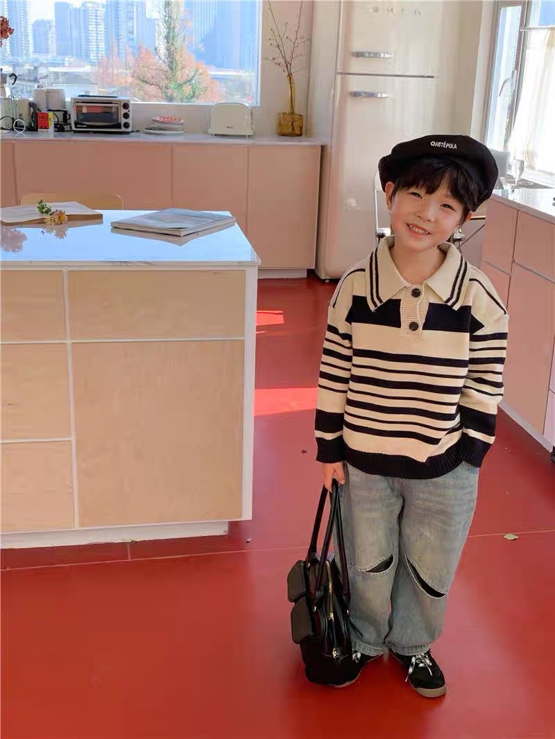 Áo len bé trai xuất hàn cổ đức 3-9 tuổi phối kẻ ngang chất liệu vải cao cấp không bai xù