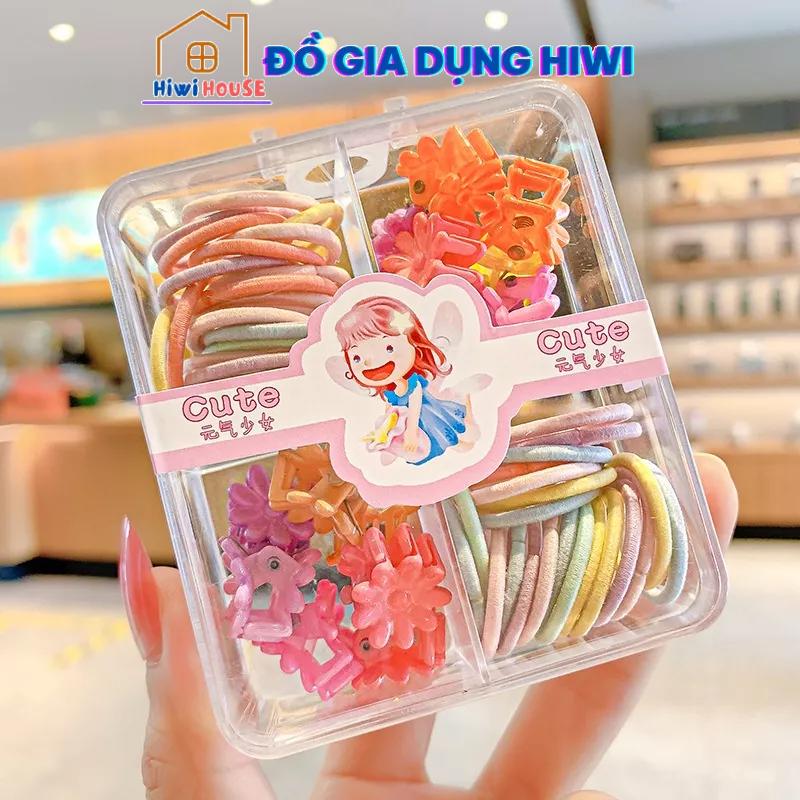 Set dây buộc tóc mix kẹp tóc càng cua cho bé (Hộp Vuông 4 Ngăn)