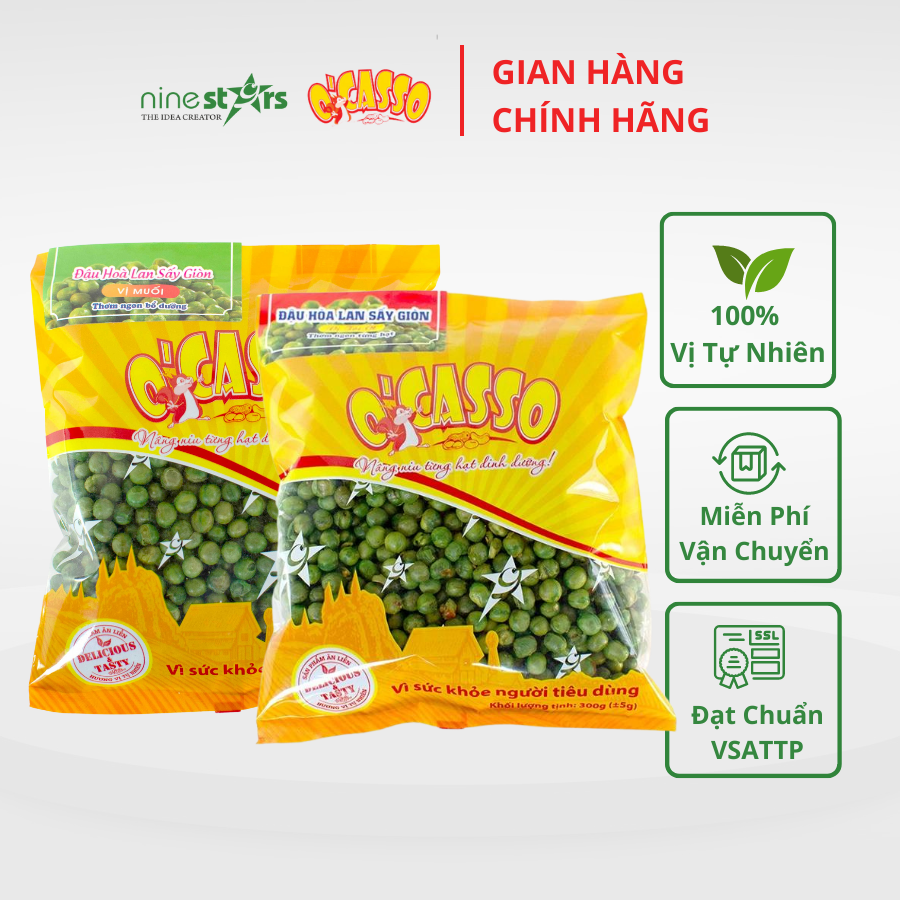 Combo 2 gói 300g Đậu Hòa Lan Sấy Giòn Vị Tỏi Ớt OCasso và Đậu Hòa Lan Sấy Giòn Vị Muối OCasso