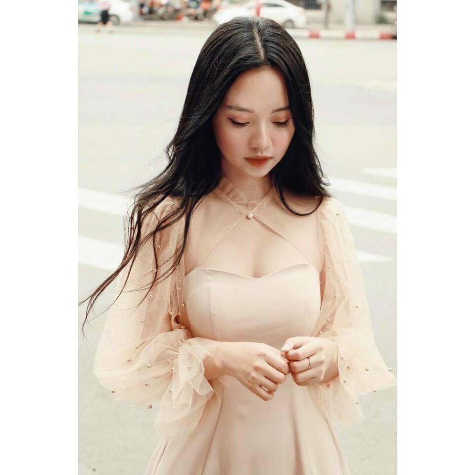 Váy đầm nữ dáng xòe tay lưới phồng đính cườm cổ tàu khoét ngực AM