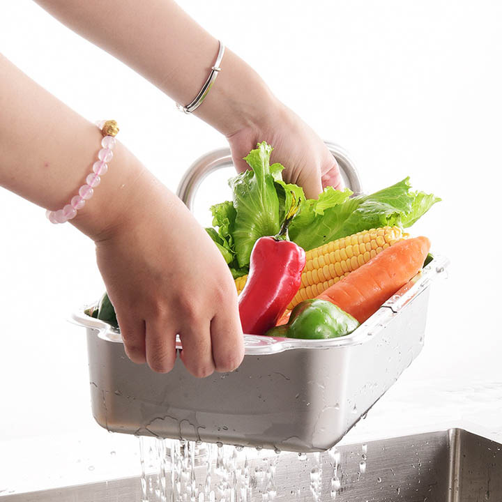Khay rổ inox 304 gác chậu bếp thông minh xếp gọn, để đồ đa năng