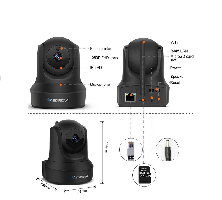 Combo Camera Wifi IP C29s FHD 1080p Vstarcam , Camera không dây trong nhà (Hiệp sĩ bóng đêm), Kèm thẻ nhớ 128GB A1 4K Lexar - Hàng chính hãng