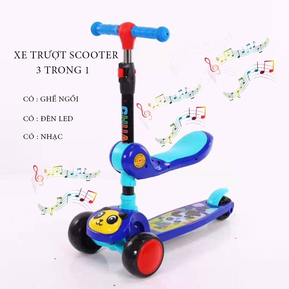 Xe Trượt Scooter Có Nhạc - Đèn - Ghế Gấp Gọn 3in1