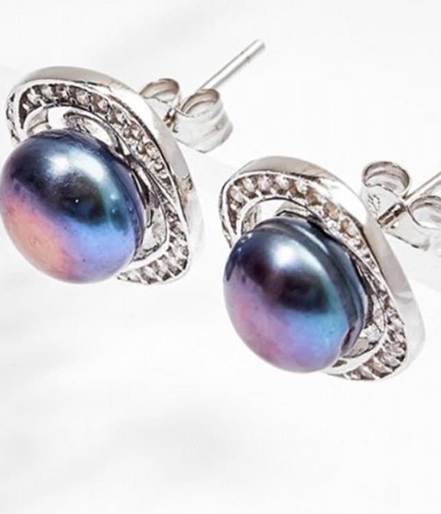 Bông Tai Halo Ngọc Trai Đen 8MM Bạc Italy