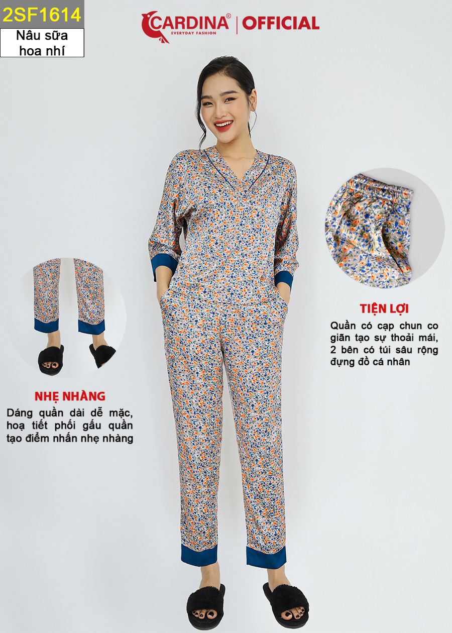 Đồ Bộ Nữ CARDINA Chất Lụa Satin Kiểu Dáng Kimono Nhật Cao Cấp Tay Vừa Quần Dài Họa Tiết 2SF16