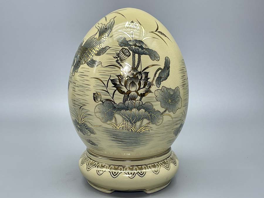 Trứng Tài Lộc Cá Chép Hoa Sen H30 Gốm Chu Đậu Vẽ Vàng Kim