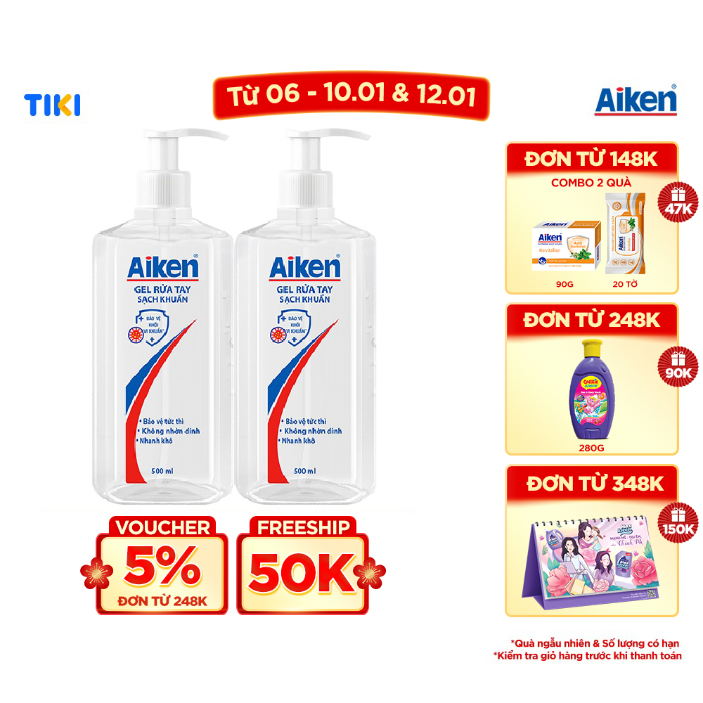 Combo 2 Gel Rửa Tay Khô Sạch Khuẩn Aiken 500ml/chai dạng vòi