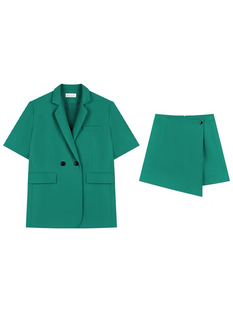 SET ÁO KHOÁC BLAZER TRƠN TAY NGẮN FORM RỘNG XANH LÁ NỮ + CHÂN VÁY NGẮN DẠO PHỐ DỰ TIỆC