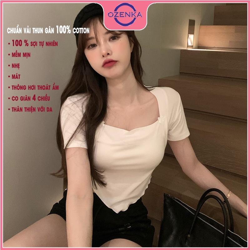 Áo croptop cổ vuông vạt yếm , crt tay ngắn ôm đẹp thun gân 100% cotton free size dưới 52 kg màu đen trắng