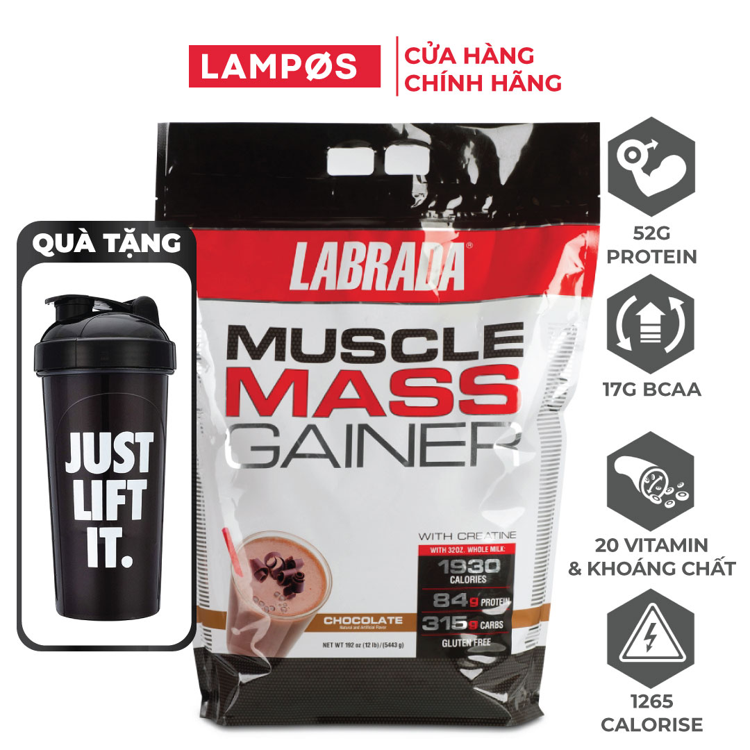 Combo Sữa tăng cân Muscle Mass Gainer vị Chocolate của Labrada, hỗ trợ tăng cân tăng cơ nạc (5.4kg) - Bình lắc THOL (Màu ngẫu nhiên)