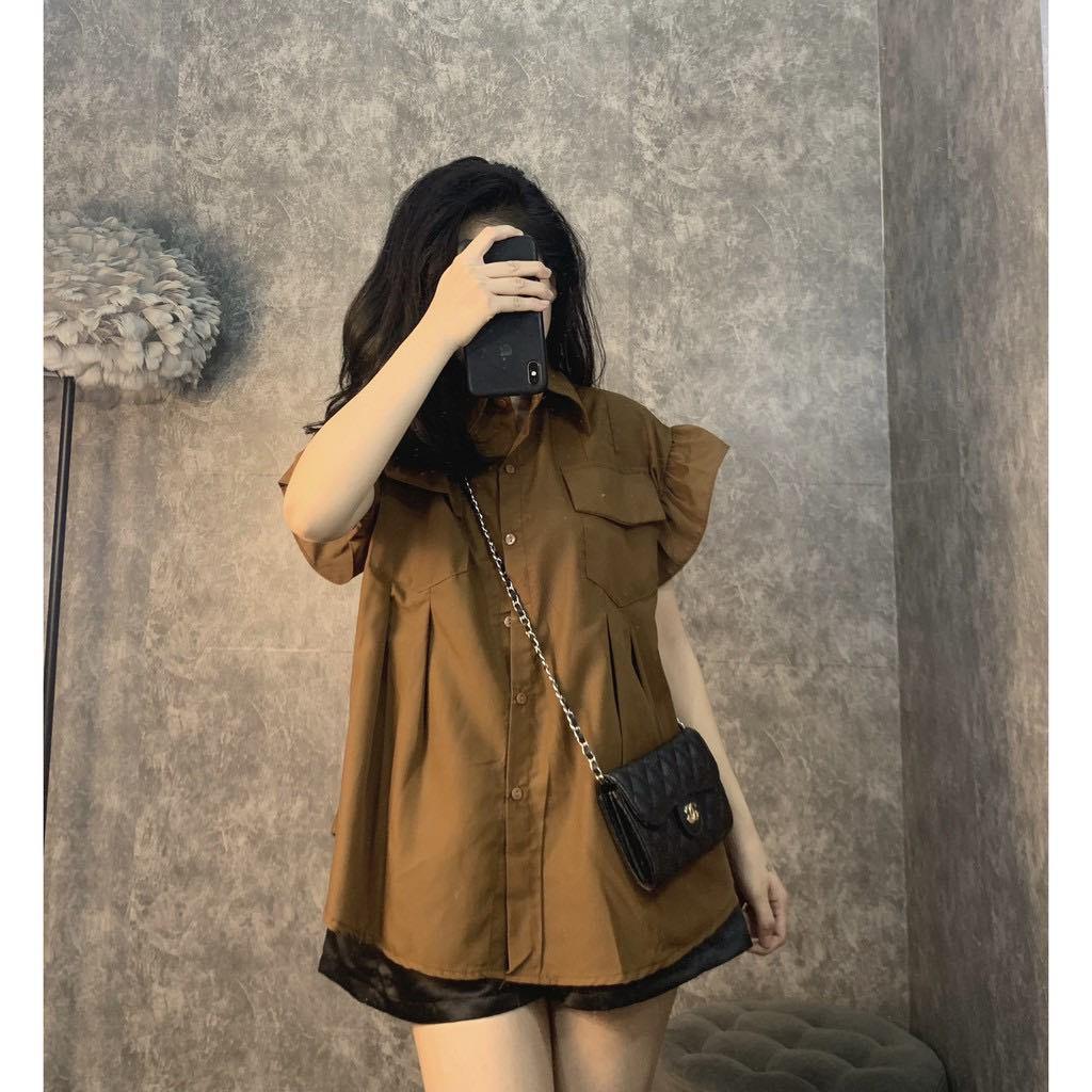 Áo babydoll cánh tiên tiểu thư 3 màu phối túi trước, áo sơ mi dáng rộng thời trang Hàn . MET SHOP