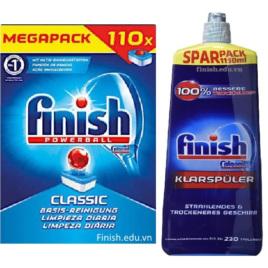 Viên rửa bát finish 110 viên+1150ml Nước làm bóng bát Finish dùng cho Máy rửa bát