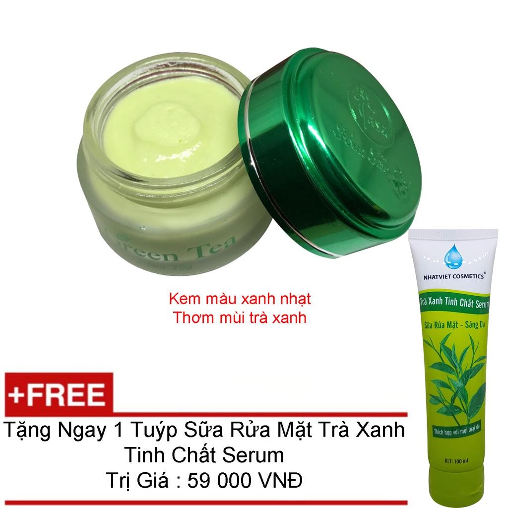 KEM NÁM TRẮNG DA TRÀ XANH GREEN TEA TAIWAN 25G + TẶNG SỮA RỬA MẶT SÁNG DA TRÀ XANH TINH CHẤT SERUM 100ML NHẬT VIỆT COSME