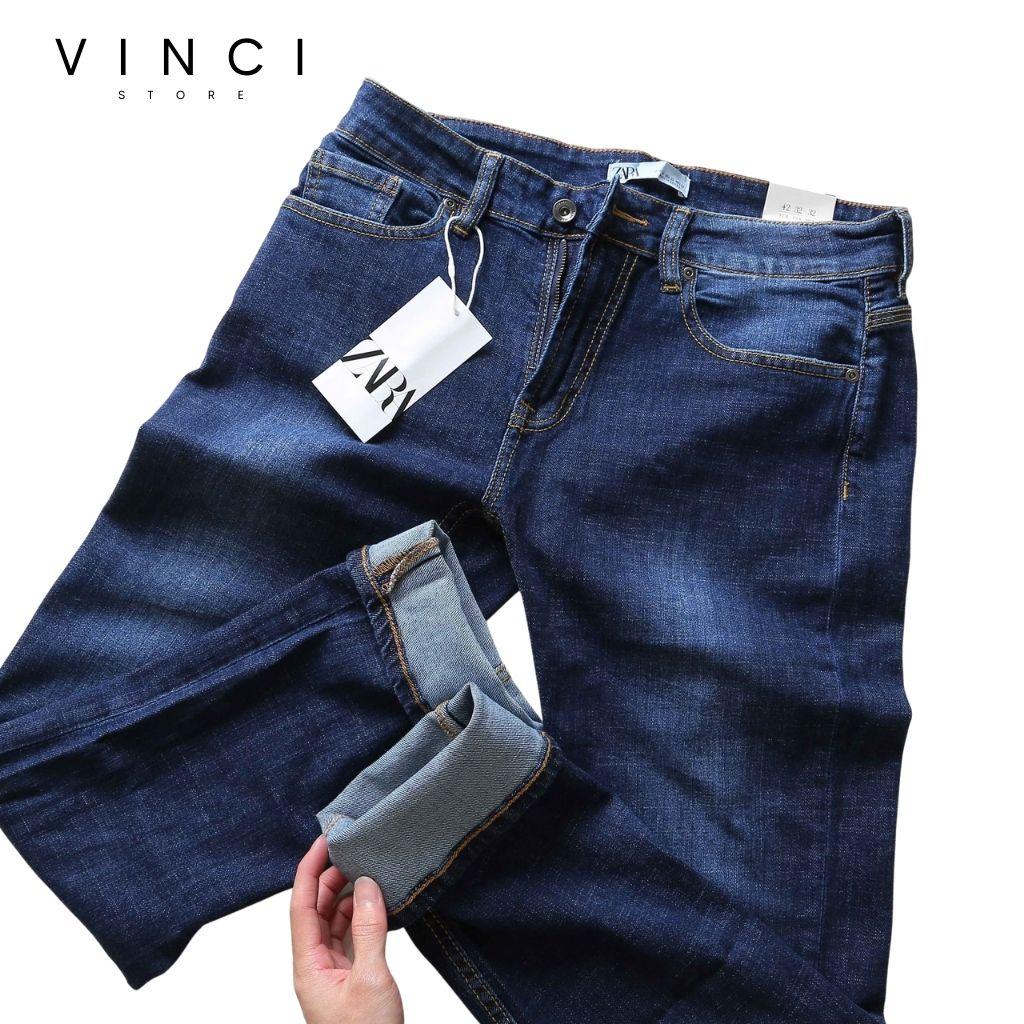 Quần Jean Nam Vnxk Xanh Trơn Slim Fit Ống Côn Chất Bò Co Dãn