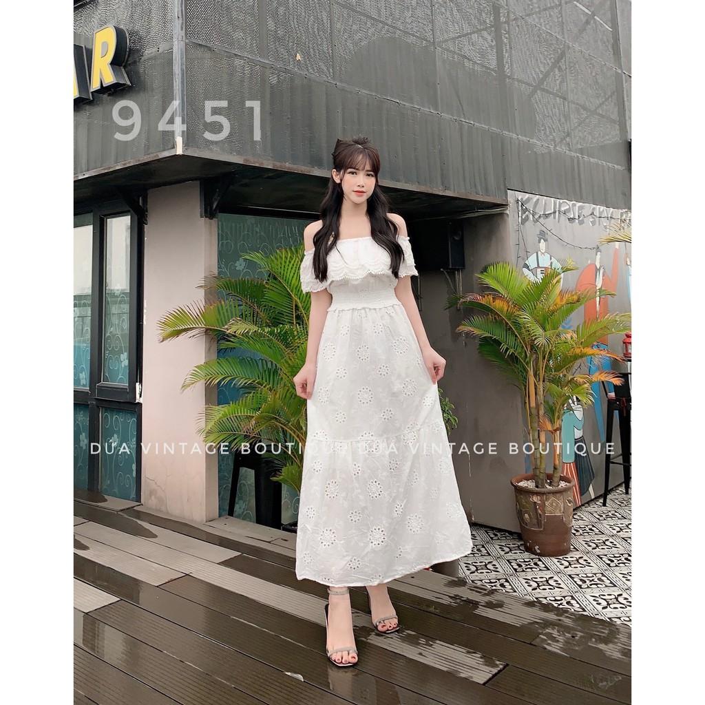 Đầm maxi trắng trễ vai hoa tròn cao cấp - 1833
