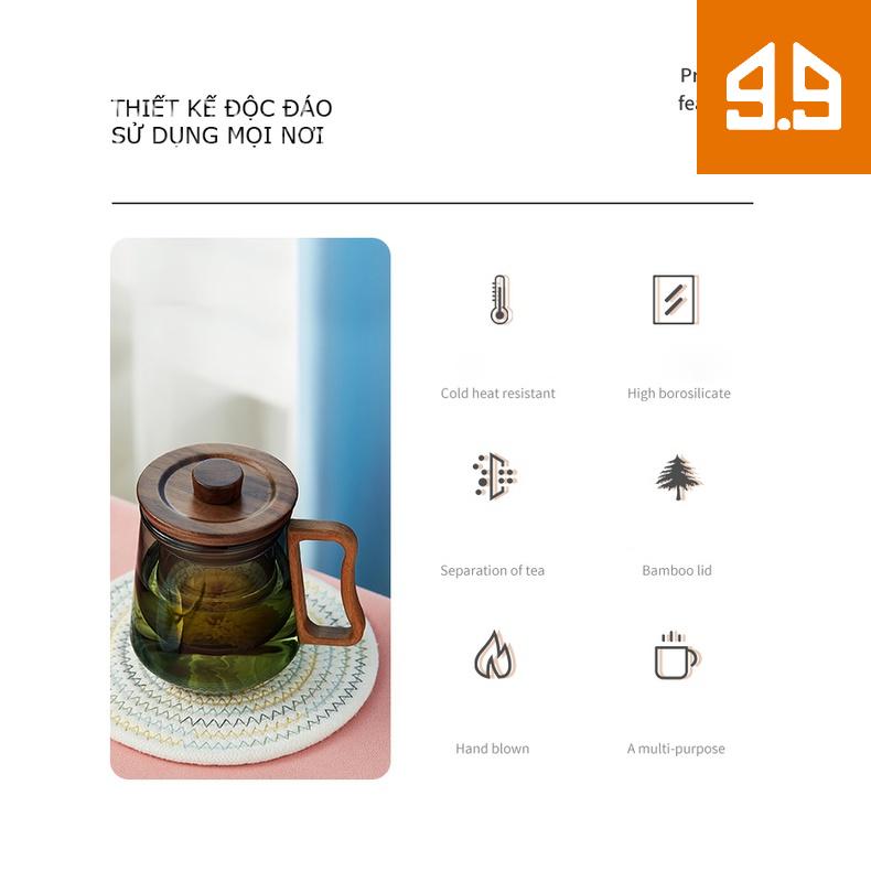 Tách uống trà/ uống nước kiểu nhật có nắp văn phòng bằng thủy tinh cốc dung tích lớn cốc