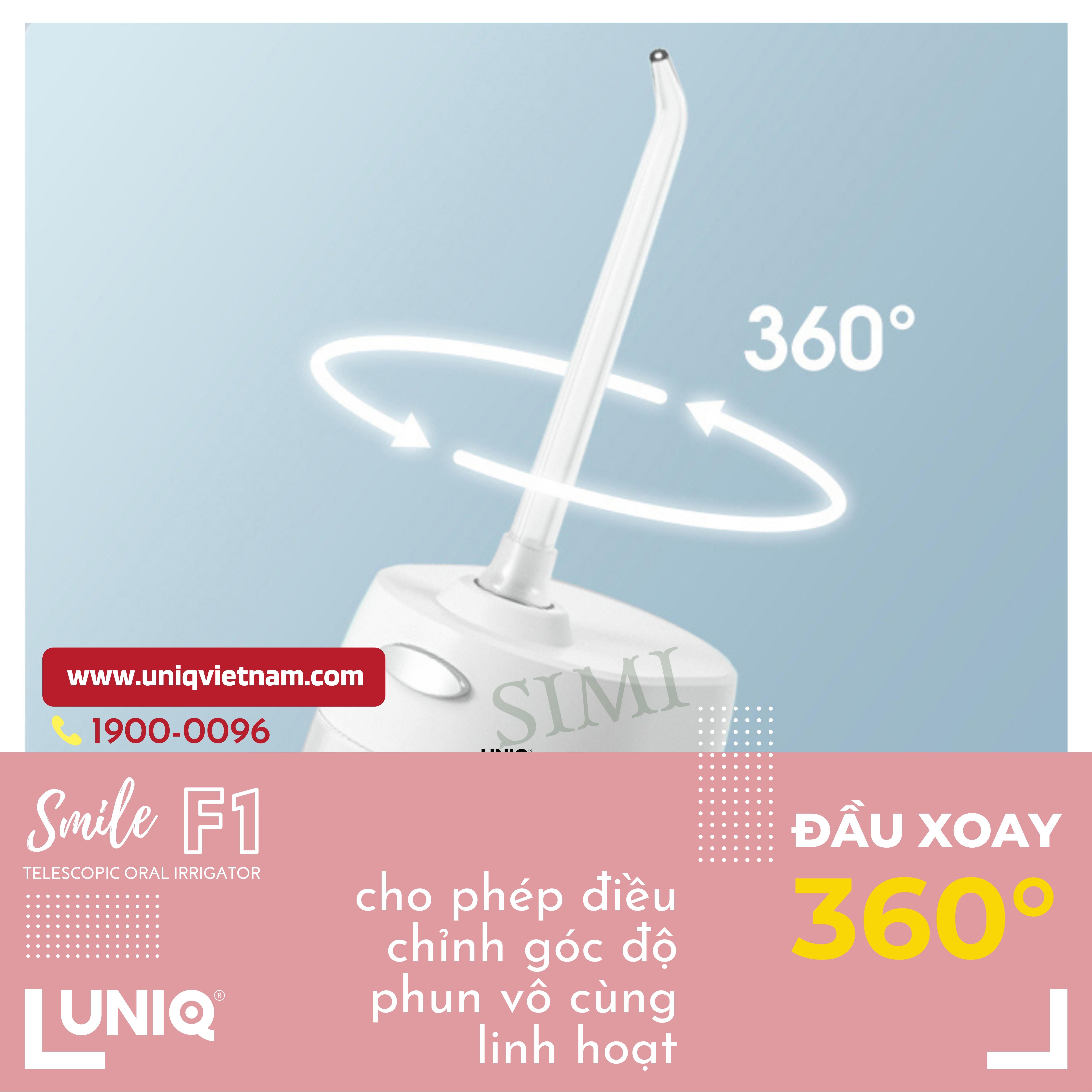 Tăm Nước Cầm Tay UNIQ Smile F1 Nhật Bản Cao Cấp Máy Vệ Sinh Răng Miệng Mini Tốt Xịt Xỉa Rửa Làm Sạch Kẽ Răng Niềng Dụng Cụ Cạo Lưỡi Waterpik May Tam Nuoc Du Lịch Không Dây Nhập Khẩu