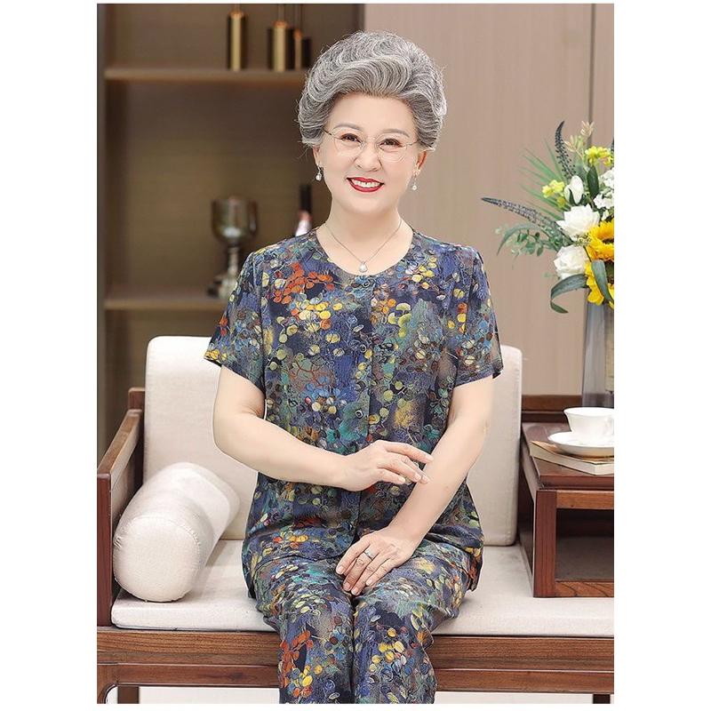 Đồ bộ mặc nhà cho người già cao tuổi, bộ mặc nhà tay cộc quần dài nữ trung niên