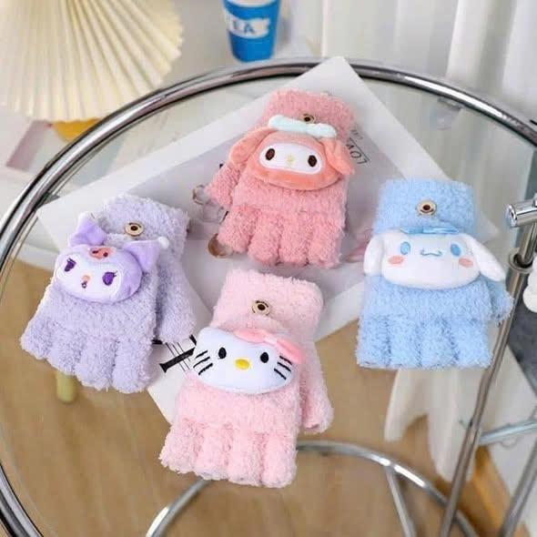 Găng tay cho bé hoạ tiết Kuromi, Melody, Cinamol có gắn charm, stiker cho bé gái 3-10 tuổi