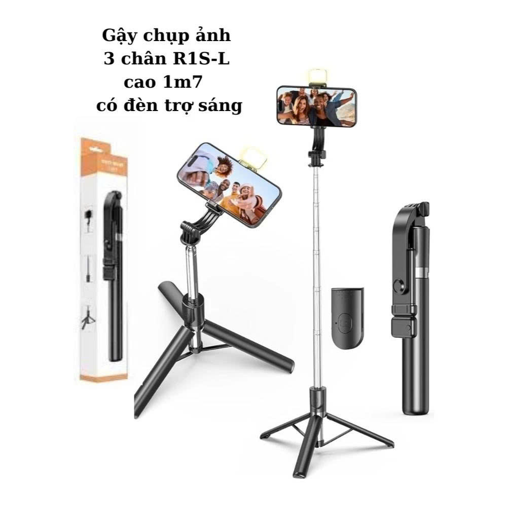 Gậy chụp hình 3 chân R1S-L Đa Năng , Có Đèn , Kéo Dài 1,7M. Hàng Nhập Khẩu
