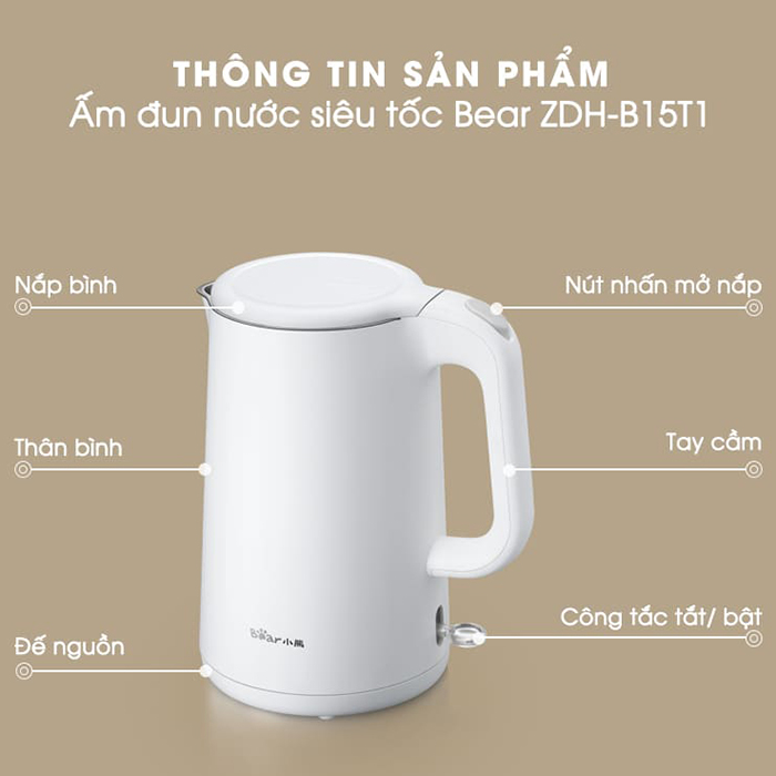 Ấm siêu tốc 1.5 lít Bear ZDH-B15T1 - Hàng Chính Hãng