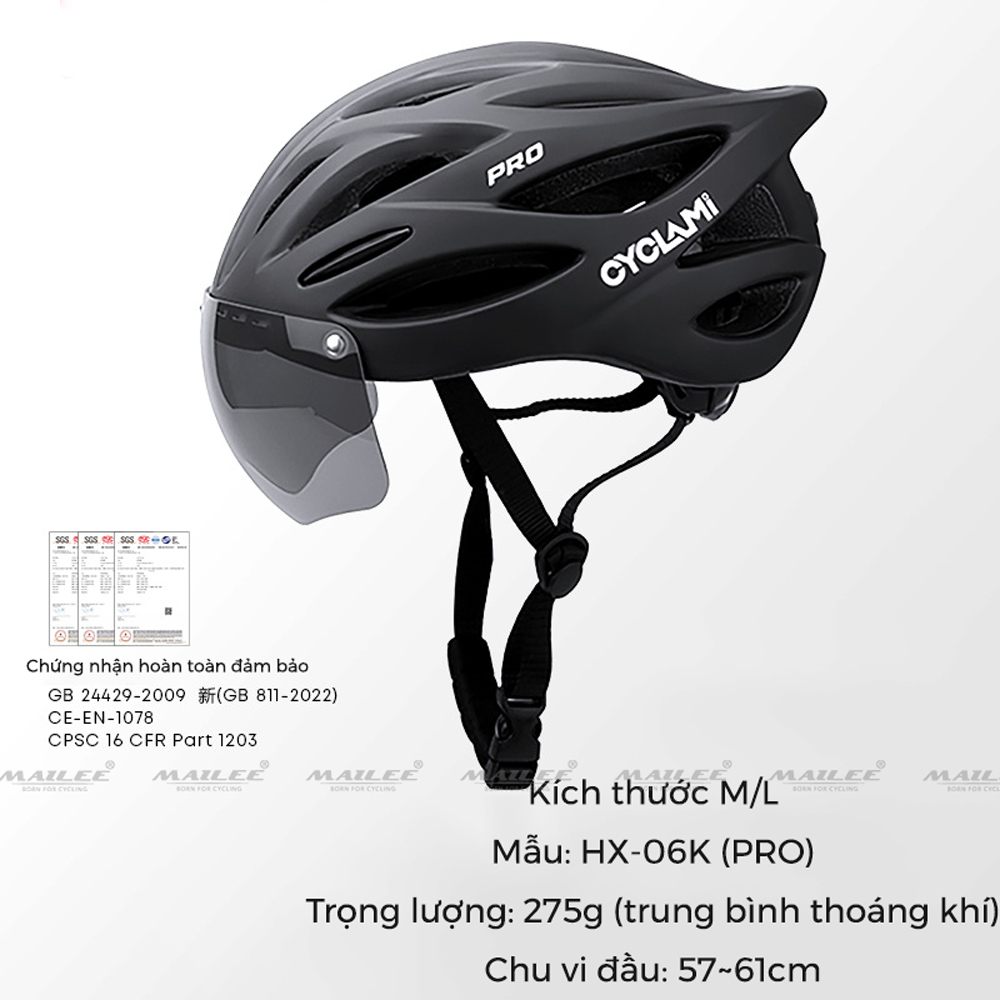 Mũ Bảo Hiểm Đạp Xe CYCLAMI HX-06K PRO với Kính Gió Từ Tính Nhựa ABS/PC cao cấp, lót EPS chống va đập, kính gió từ tính - Mai Lee